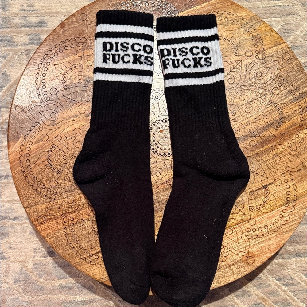 Disco Fucks Black Crew Athletic Socks with White Stripes